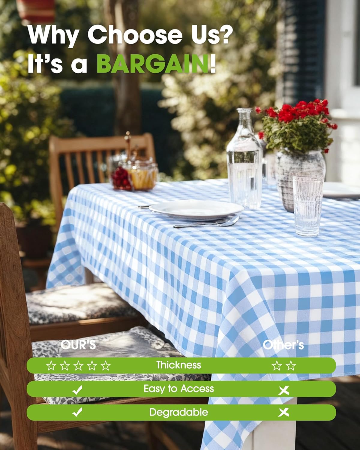 Pureegg Disposable Plastic Tablecloths - 10 Pack, 54 x 108 Inch, Blue & White Gingham, Leakproof & Sturdy