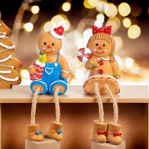 Dazzle Bright Christmas Figurines - Set of 2 Resin Gingerbread Man Sitters | Festive Indoor Decor