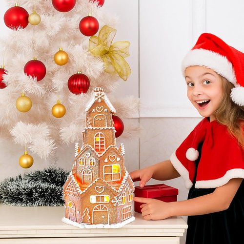 Beeveer LED Gingerbread House Decoration - Festive Resin Xmas Village Figurine | 5 x 5 x 8.25 Inch