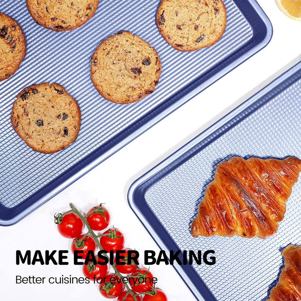 Vinino Baking Sheet Set - Non-Stick Carbon Steel Cookie Sheets with Square Texture | 3-Piece Blue Set
