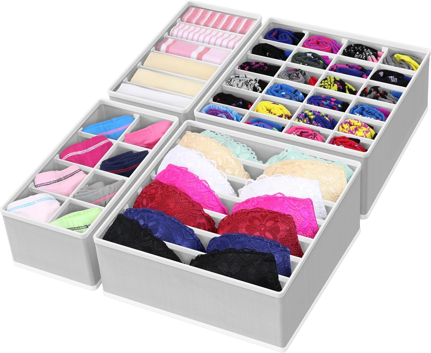 Simple Houseware Drawer Organizer Set - 4-Pack Closet Dividers for Underwear, Socks, Bras | Foldable Gray Storage Boxes