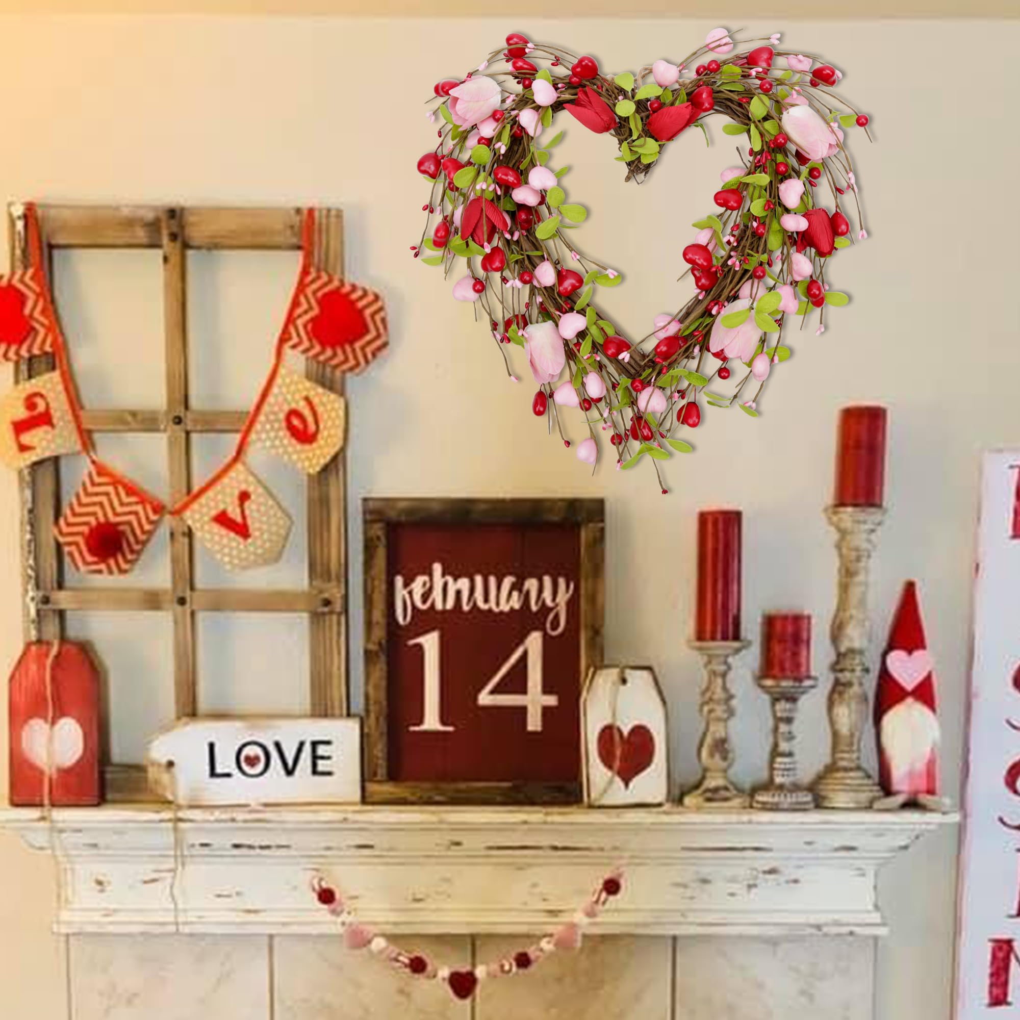 15 Inch Valentine's Day Wreath for Front Door Heart Wreaths Valentine's Day Decorations Pink Tulip Spring Wreath for Valentine's Day Gift Anniversary Wedding Home Decor