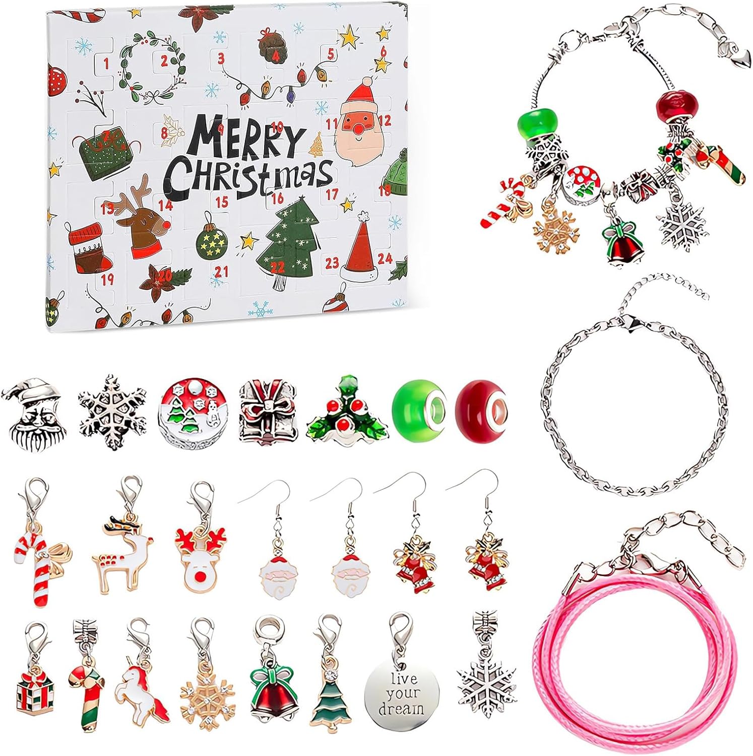 Skiennix Christmas Advent Calendar Bracelets 2024 - 24-Day Countdown with 22 Charm Beads & 2 Bracelets for Girls & Teens (Silver)