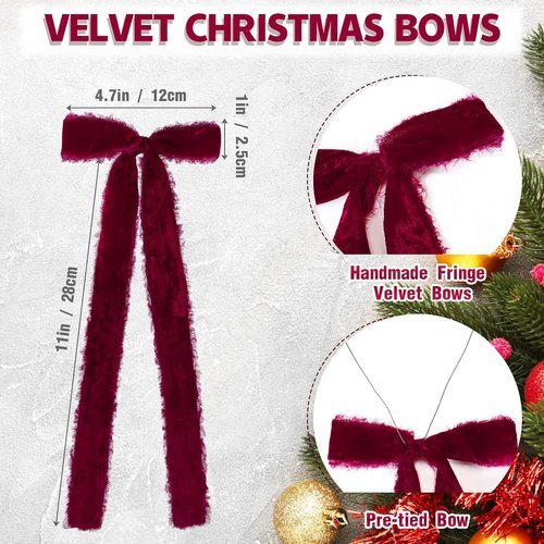 Burgundy Velvet Christmas Bows - 20 Pcs Large Pre-Tied Handmade 4.7"x11" Gift Wrapping Decor