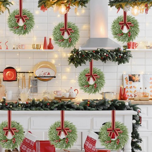 6 Pcs 14 Inch Small Christmas Wreath, Christmas Wreaths for Windows, Winter Mini Wreaths Christmas, Cabinet Wreaths for Kitchen, Window Decorations for Front Door Candle Rings Outdoor Indoor