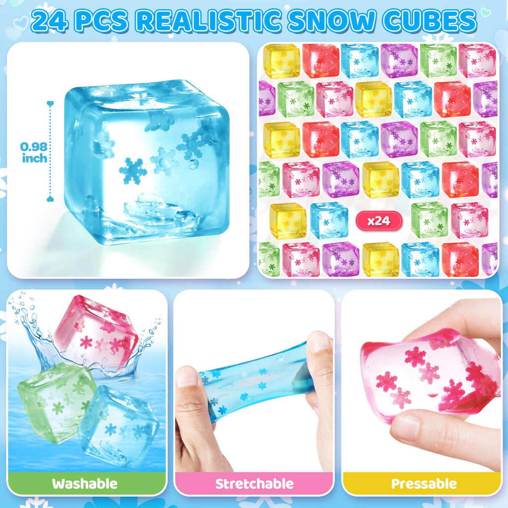 Valentines Day Cards Gifts for Kids School, 24 Pack Snow Cube Squeeze Balls with Greeting Cards for Kids Classroom Exchange Prizes, Stretchy Toy Balls Bulk Gift, Squeeze Fidget Toy for Party Favors