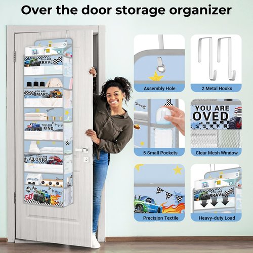 Clastyle Car Over the Door Organizer Nursery Hanging Storage Organizer for Boys Clothes Diaper Toy Closet Door Hanging Shelf Storage for Bedroom Bathroom Pantry, Off-Road Vehicle, 5-Tier