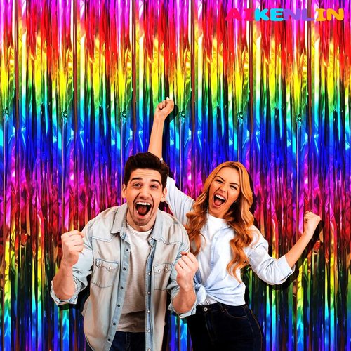 Colorful Foil Fringe Curtain Backdrop by [Brand Name] - 3.2Ft x 9.8Ft Metallic Tinsel Streamers for Parties & Events