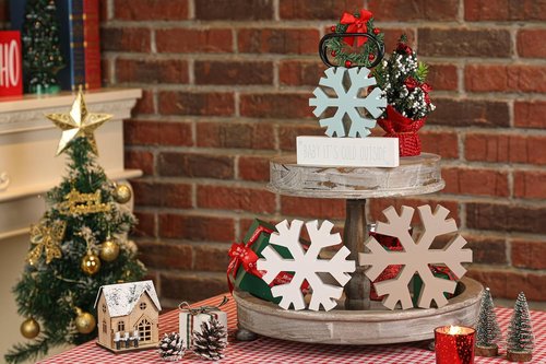 KORMMCO Winter Snowflake Fireplace Decorations - 4Pcs Farmhouse Christmas Decor | Wooden Signs for Tabletop & Shelves (White, Brown, Blue)
