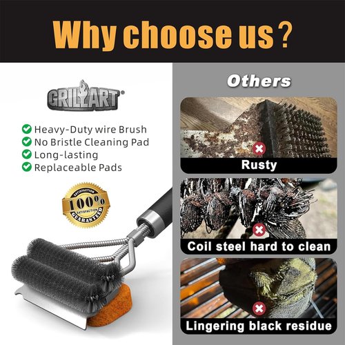 GRILLART Grill Brush - Bristle-Free Pad & Wire BBQ Cleaner | 18" Safe & Powerful Scrubber for Gas/Porcelain Grates