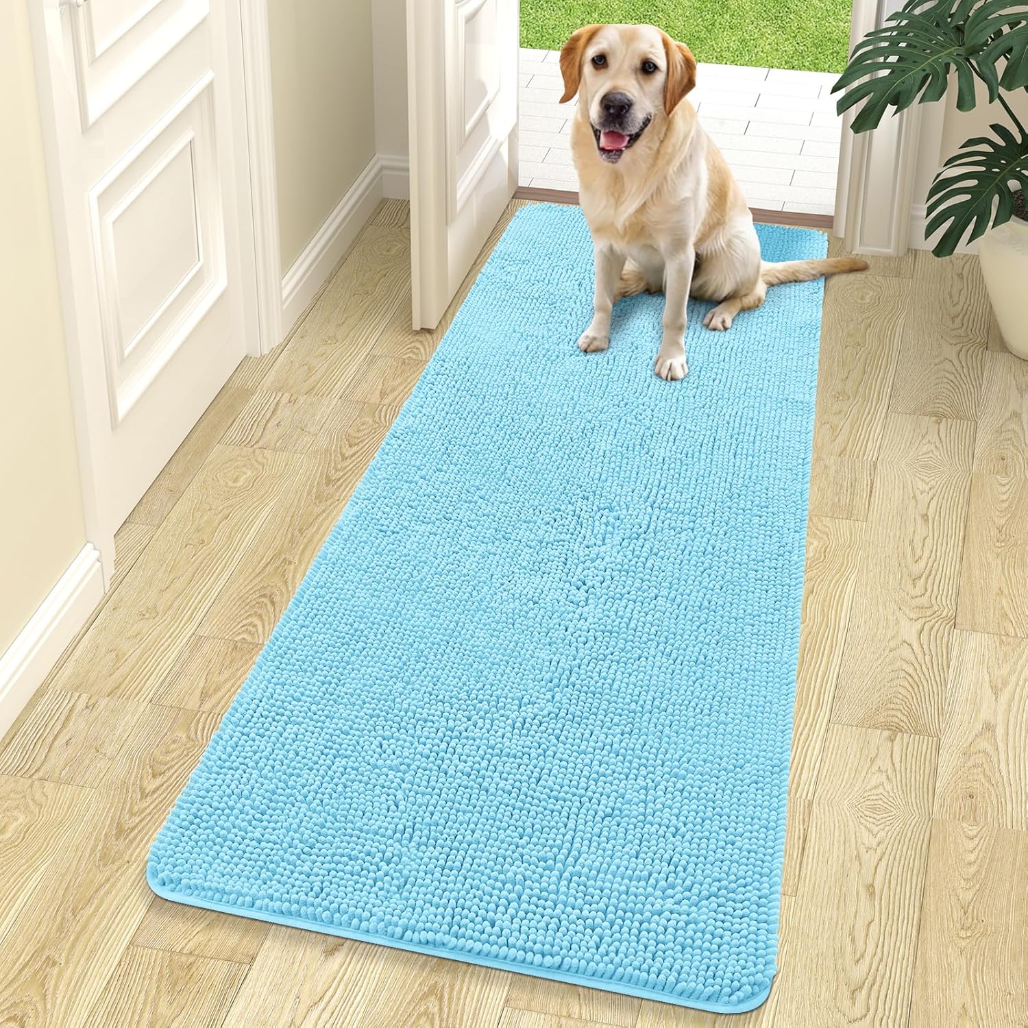 OLANLY Dog Door Mat - Absorbent Non-Slip Chenille Mat for Muddy Paws | 70x24 Inches, Quick Dry, Blue