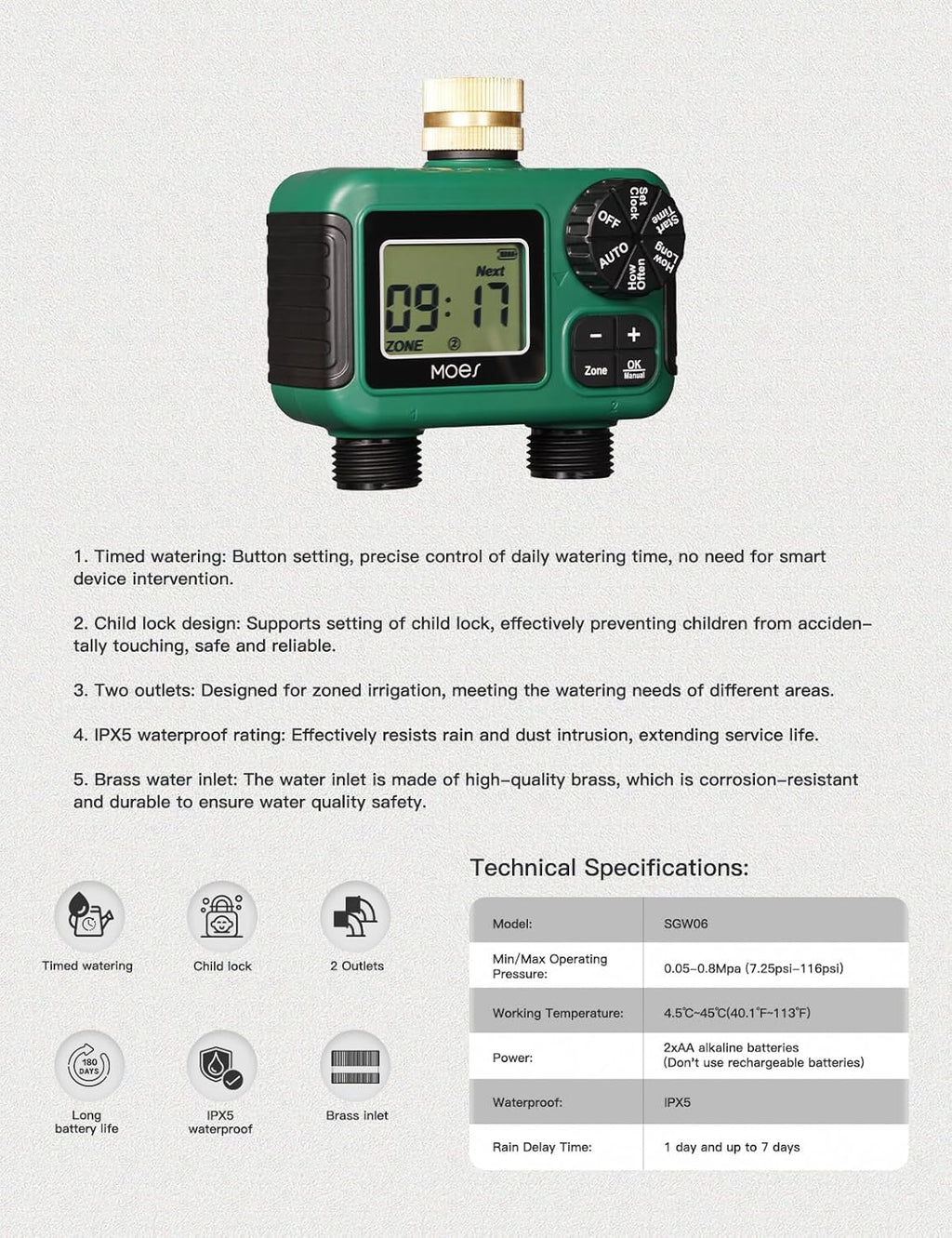 MOES 2 Zone Sprinkler Timer - Programmable Brass Inlet Irrigation Controller | Automatic Watering System