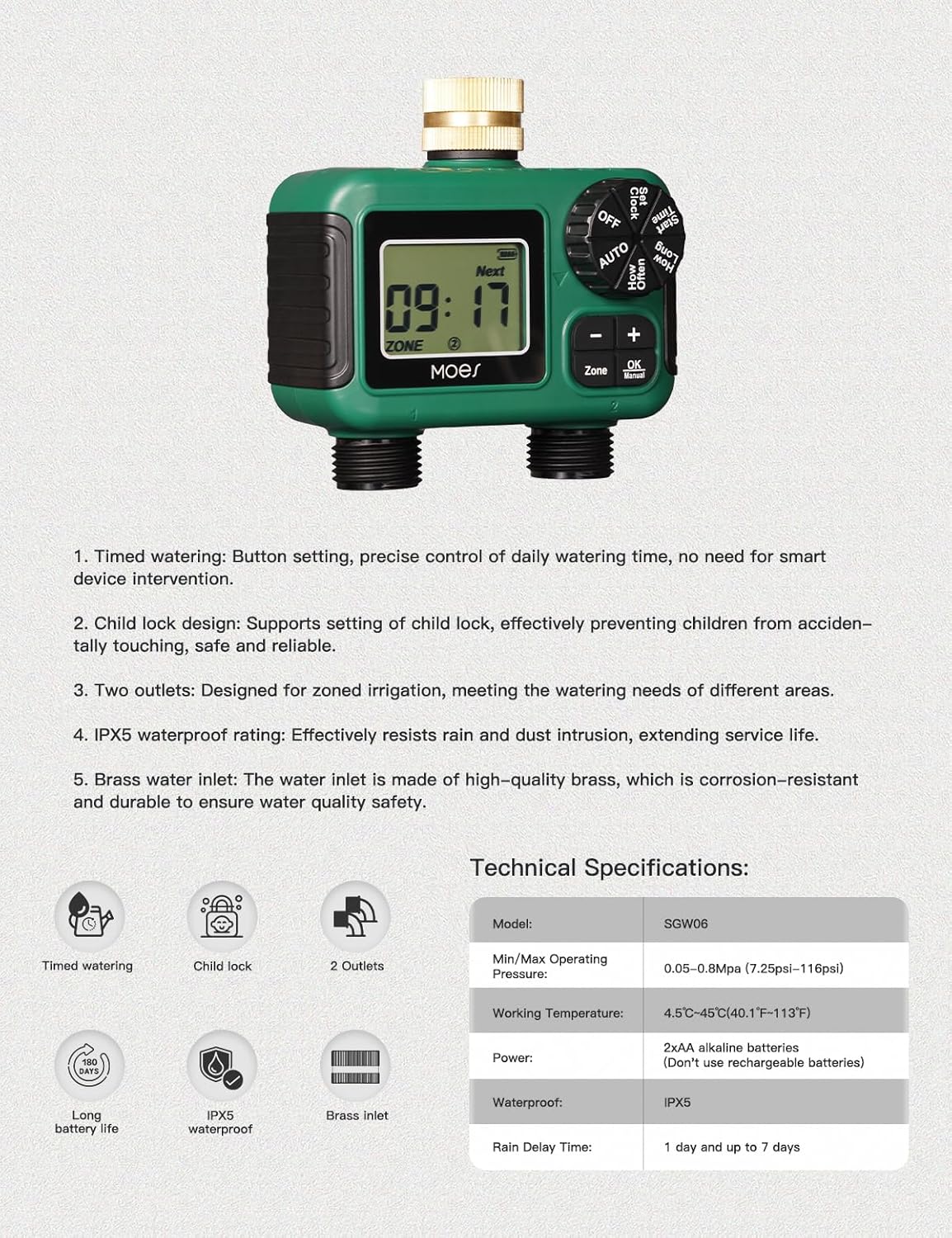 MOES 2 Zone Sprinkler Timer - Programmable Brass Inlet Irrigation Controller | Automatic Watering System