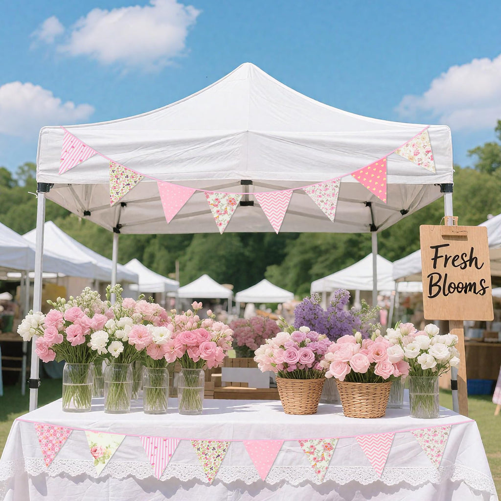 G2PLUS 39Ft Triangle Bunting Banner, 42Pcs Pink Floral Garland Pennant Banner, Reusable Cotton Triangle Flags Party Decoration for Birthday, Wedding, Garden Tea Party, Baby Shower, Room Decor