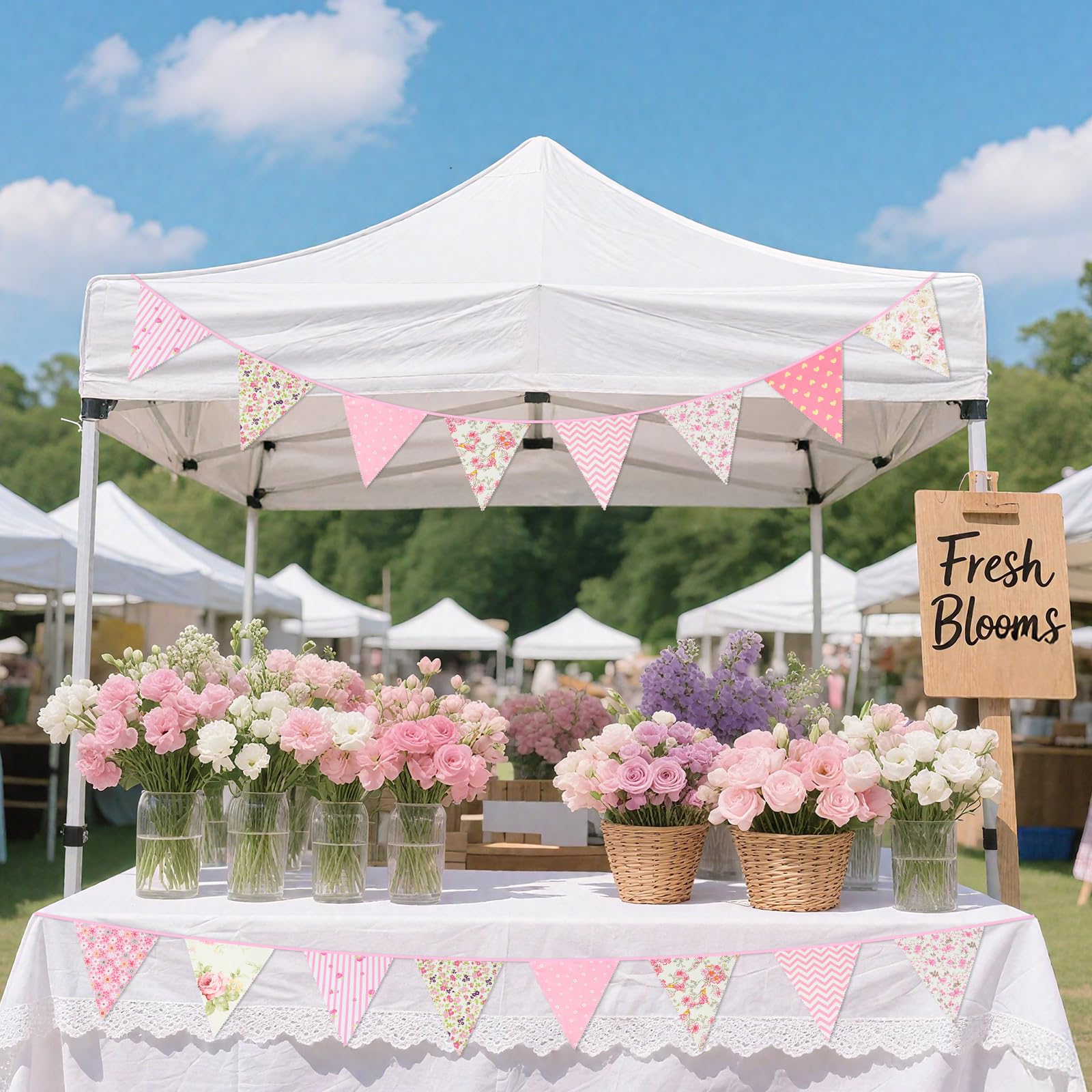 G2PLUS 39Ft Triangle Bunting Banner, 42Pcs Pink Floral Garland Pennant Banner, Reusable Cotton Triangle Flags Party Decoration for Birthday, Wedding, Garden Tea Party, Baby Shower, Room Decor
