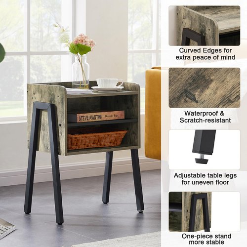 VECELO Night Stand Industrial End Table,Bedside Table with 2-Tier Open Storage Compartments,Wood Side Table with Metal Frame for Bedroom, Living Room and Small Spaces