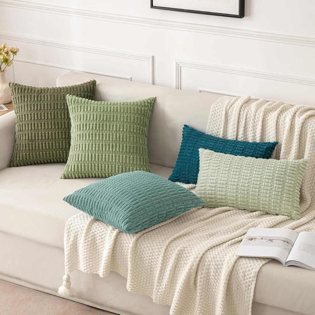 MIULEE Corduroy Throw Pillow Covers - Soft Boho Striped Design | 16x16 Inch Teal Green for Modern Home Decor