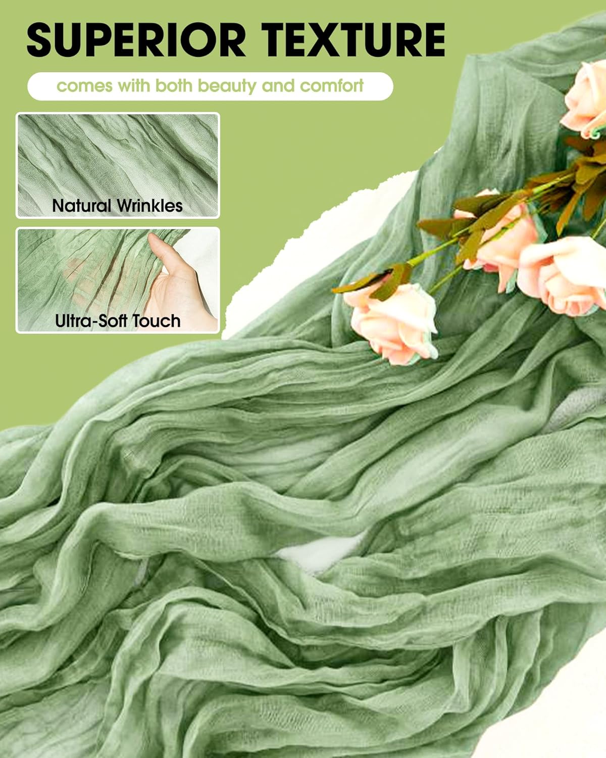 Pureegg Disposable Table Cloth Set - 10 Waterproof Tablecloths (54"x108") & 2 Cheesecloth Runners (35"x120") | Elegant White & Sage for Parties, Picnics, Weddings