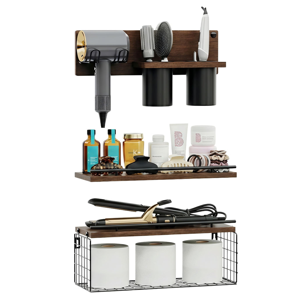 RoleDes Hair Tool Organizer Wall Mounted Set of 3 - Bathroom Floating Shelves with Blow Dryer Holder and Curling Iron Storage, Hair Dryer Hanger for Bathroom Wall, Modern Farmhouse Above Toilet Shelf