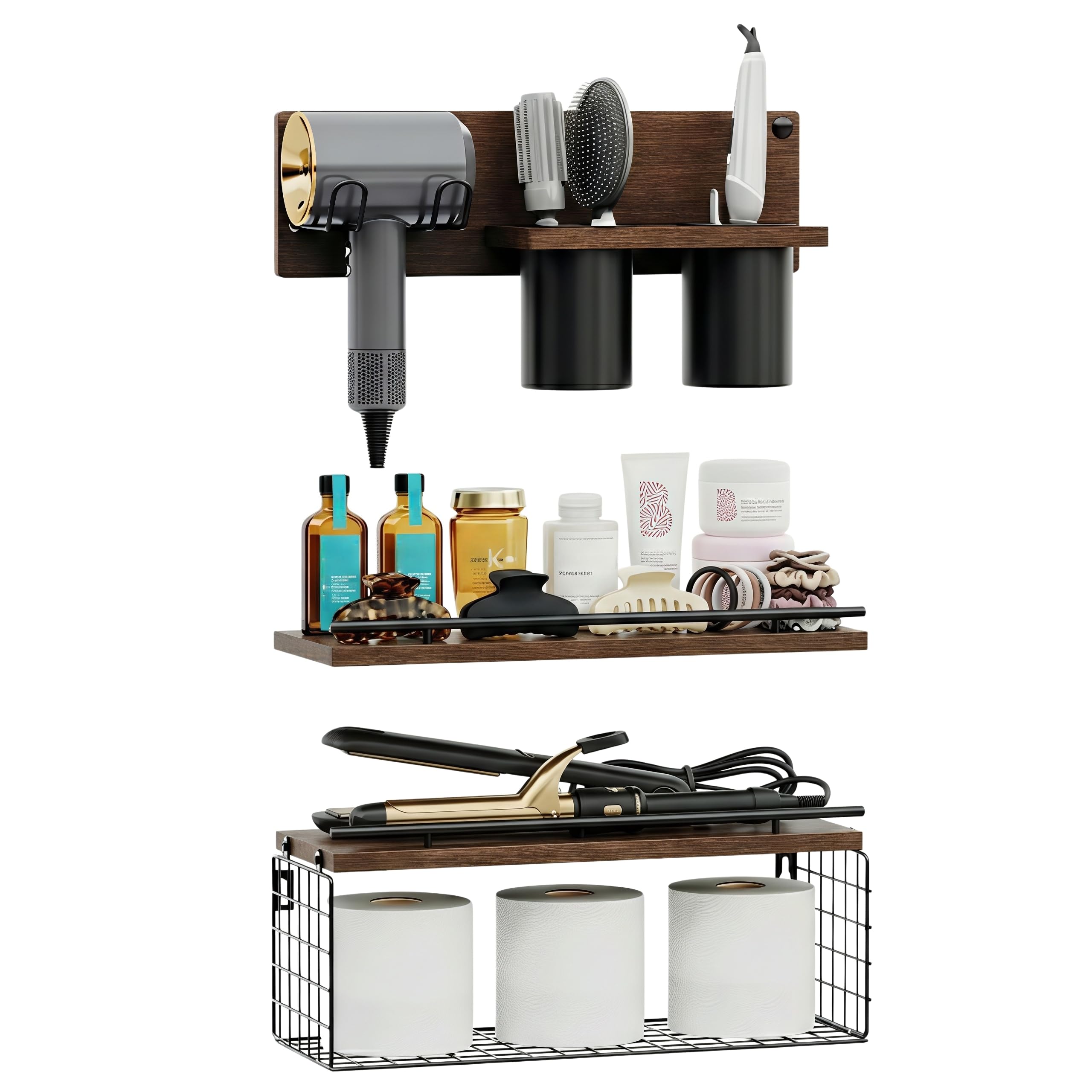 RoleDes Hair Tool Organizer Wall Mounted Set of 3 - Bathroom Floating Shelves with Blow Dryer Holder and Curling Iron Storage, Hair Dryer Hanger for Bathroom Wall, Modern Farmhouse Above Toilet Shelf