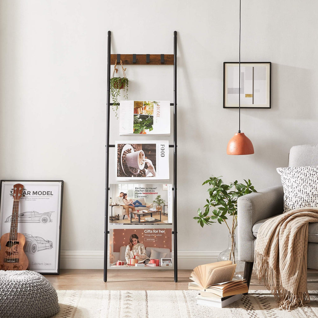 VASAGLE Blanket Ladder, 5-Tier Ladder Shelf, Decorative Ladder with 4 Removable Hooks, Metal Frame, Industrial Style, Rustic Brown and Black ULLS016B01
