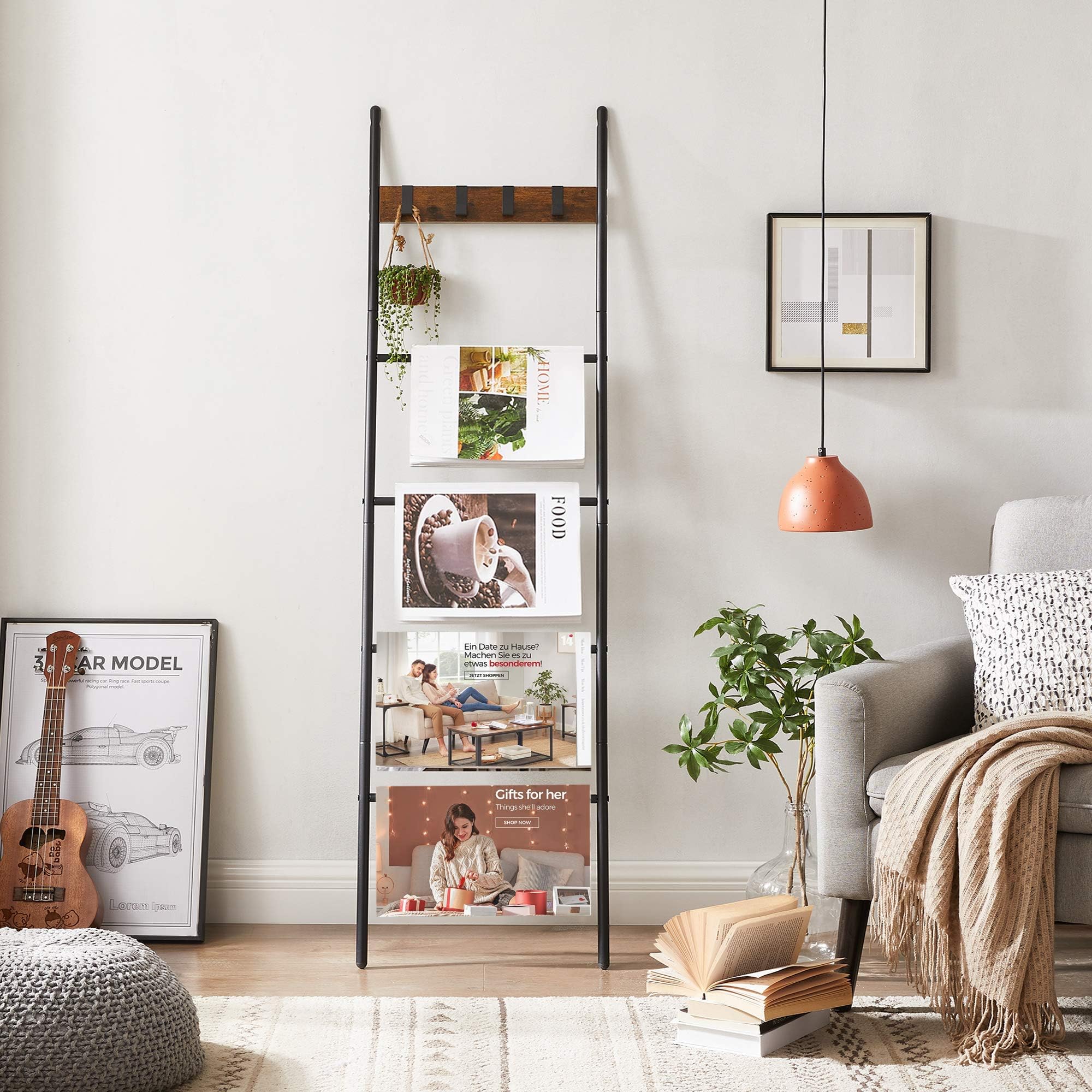 VASAGLE Blanket Ladder, 5-Tier Ladder Shelf, Decorative Ladder with 4 Removable Hooks, Metal Frame, Industrial Style, Rustic Brown and Black ULLS016B01