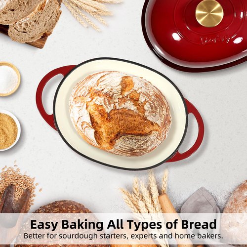 Davivy 6QT Oval Bread Dutch Oven with Silicone Baking Mat, Enameled Cast Iron Dutch Oven for Sourdough Bread Baking 6QT, Cast Iron Sourdough Bread Pan with Domed Lid - Ruby Red