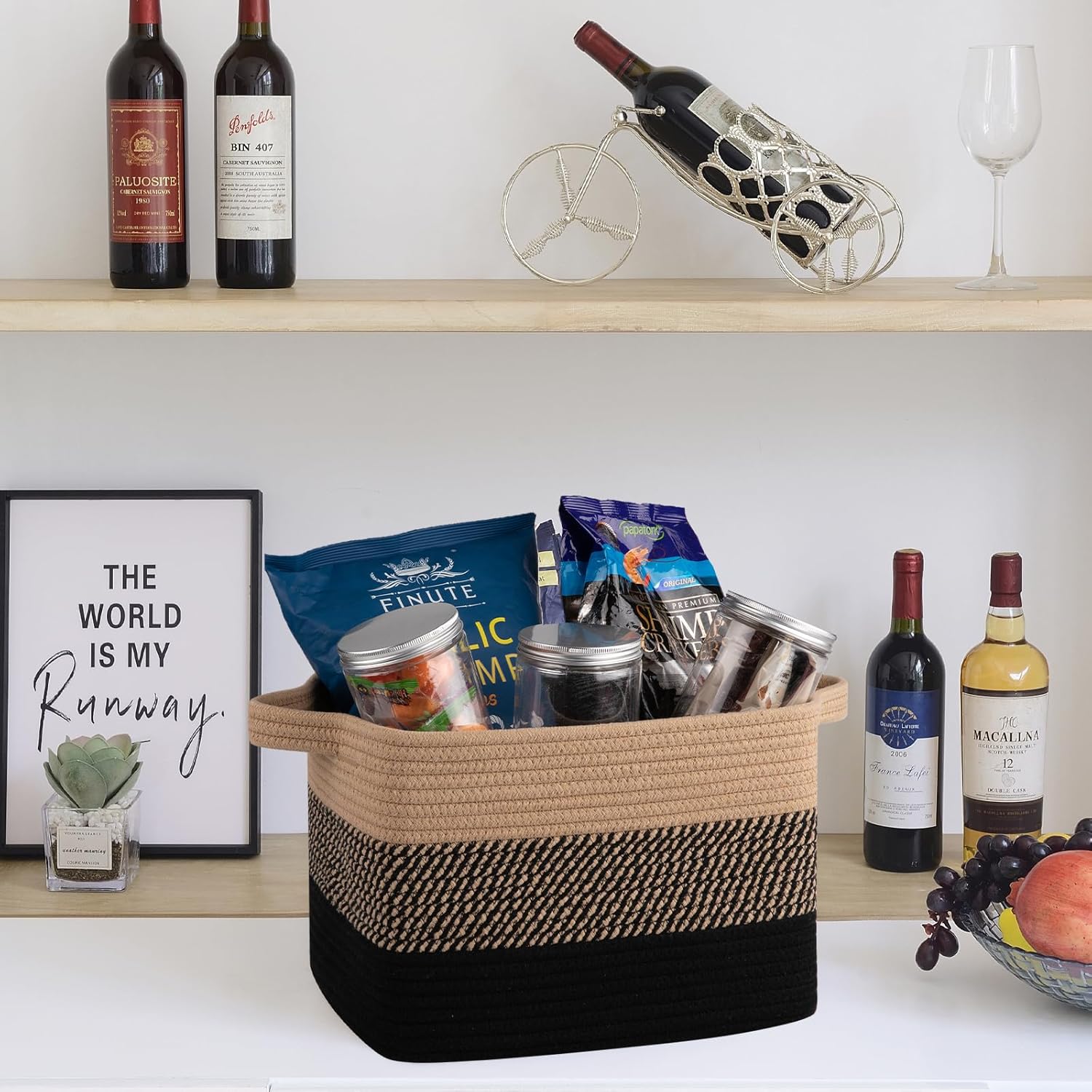 OIAHOMY Woven Storage Baskets - Cotton Rope Baskets for Toys & Towels | Pack of 3, Black & Brown