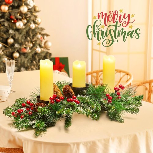 Brightown Christmas Candle Holder - 20.5” Iron Design with Pine Needles, Red Berries & Gold Accents