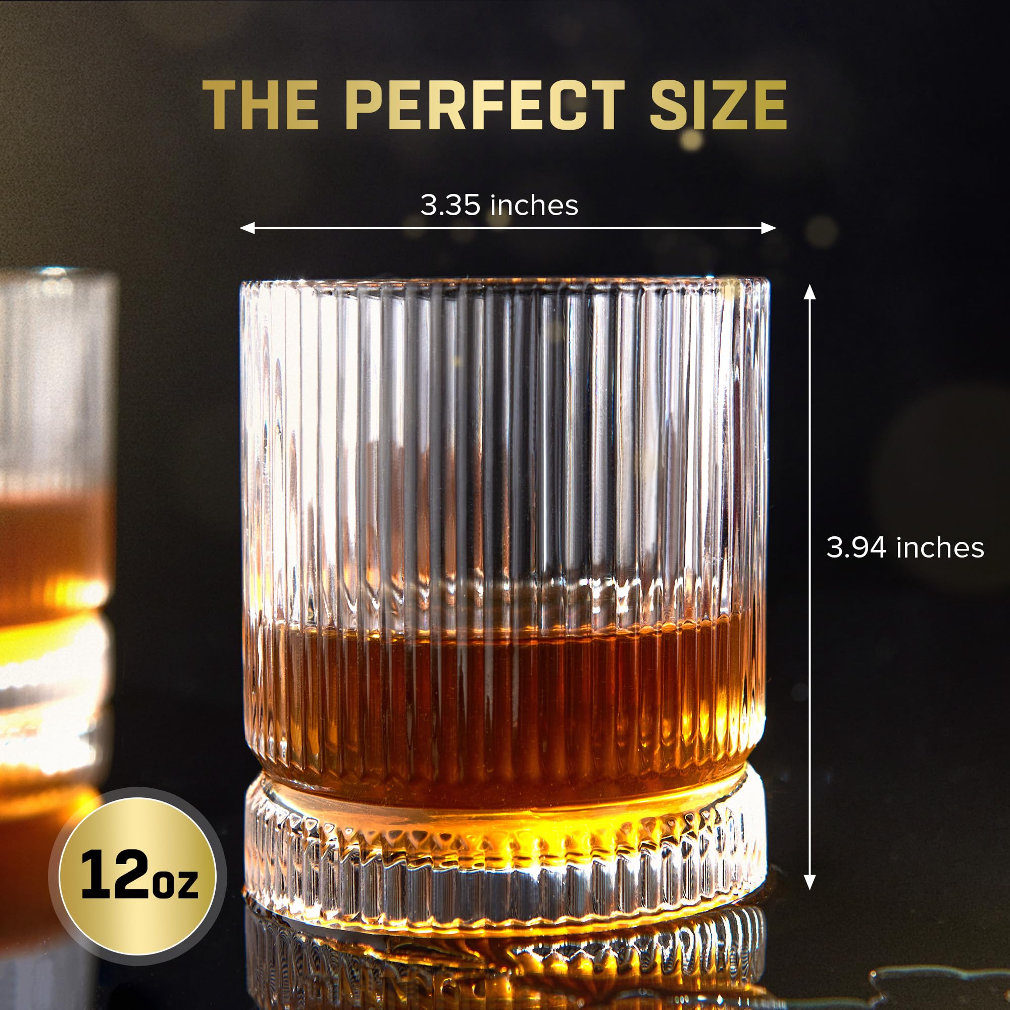 VUNDO Ribbed Whiskey Glasses Set of 8, 12 Oz Lead-Free Crystal Heavy Base Barware Glass, Perfect for Bourbon Rocks Cocktail Scotch Drinking