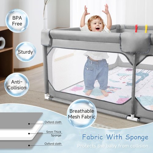 JINXIA Baby Playpen - Large 75" x 59" Soft Mesh Safety Yard for Indoor/Outdoor Fun - Grey