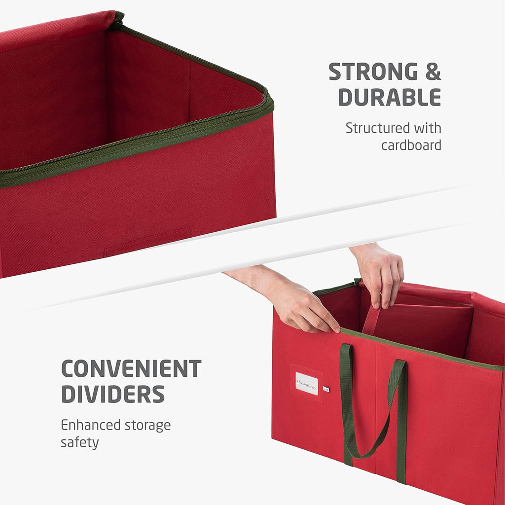 ZOBER Large Christmas Ornament Storage Box - Organize 54 4" Ornaments with Dividers - Durable Red Container
