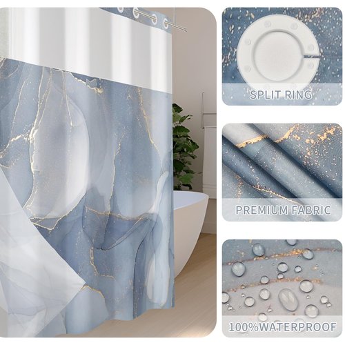 RiePoiia No Hook Shower Curtain with Snap in Fabric Liner Set, Blue Marble Modern Hotel Style Design for Bathroom, Double Layer Ringless with Top Sheer Window, 71" x 74"