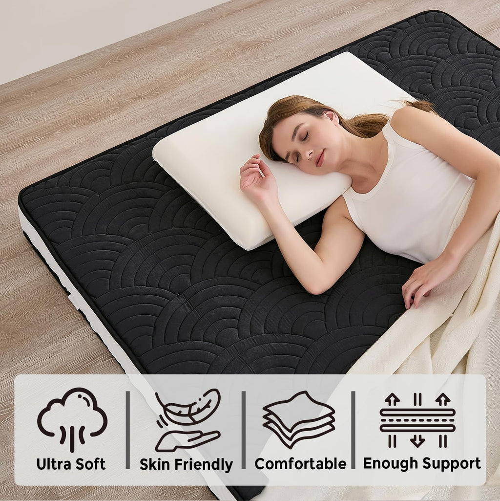 Zelladorra Japanese Floor Mattress, Quilted Futon Mattress with Anti-Slip Bottom, Foldable Floor Bed with Storage Bag and Straps, (Black, Full)