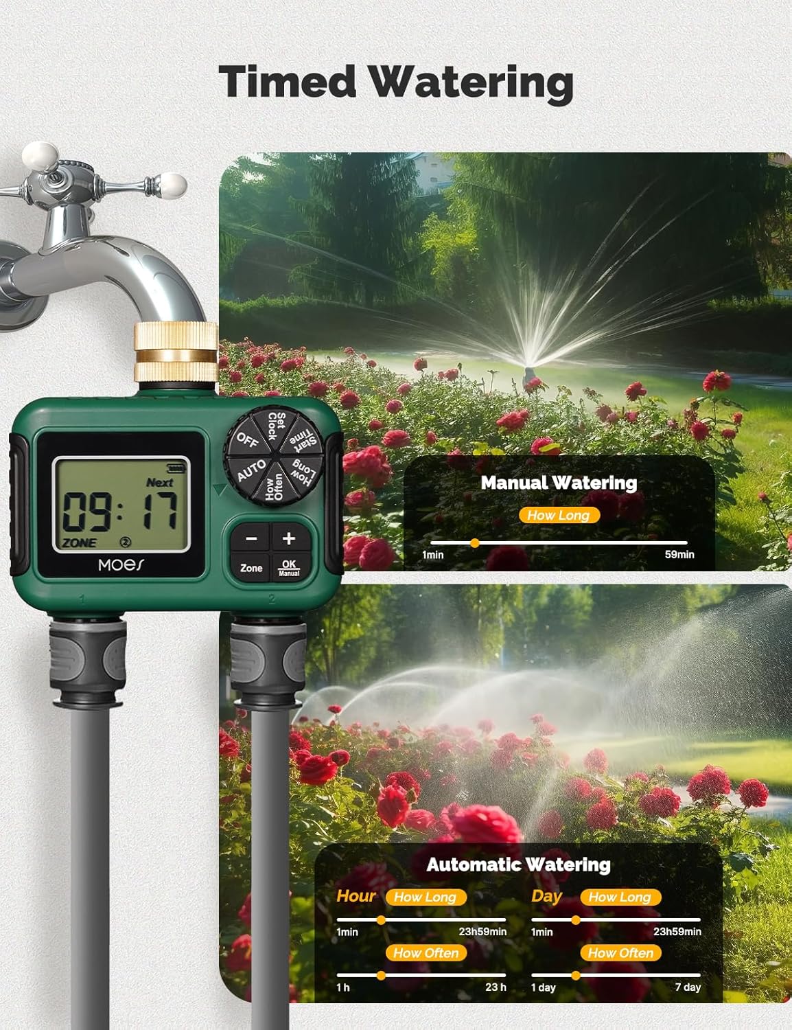 MOES 2 Zone Sprinkler Timer - Programmable Brass Inlet Irrigation Controller | Automatic Watering System