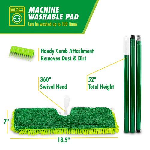Libman 18" 2-Sided Microfiber Dust Mop, Double Sided Dry Wet Mops for Floor Cleaning, Hardwood, Laminate, Tile Cleaner, 360 Degree Swivel Head, 49” Long Handle