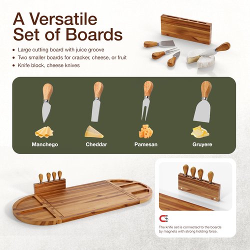 TIDITA 30 inch Large Acacia Wood Charcuterie Board with 4 Knives Set, Magnetic - 3 Parts Wooden Round Tray for Cheese - Long Appetizer Board for Serving Food Platter Cracker Snack