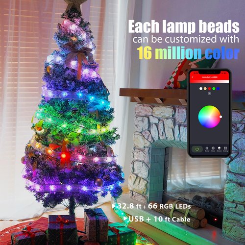 Lphianx Smart Christmas Tree Ribbon String Lights, 33ft 80 Modes Colors Changing Ribbon Light for Christmas Tree, APP & Remote Control, Sync Musical, Timer, USB (Silver)