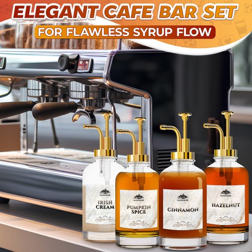 Set of 4 Coffee Syrup Bottles 16.9oz 500 ml – Coffee Syrup Glass Dispenser with 18 Marked Labels, Leak-Proof, Easy Cleaning – Coffee Station Accessories for Home Bar | Event Ready (Golden Pumps)