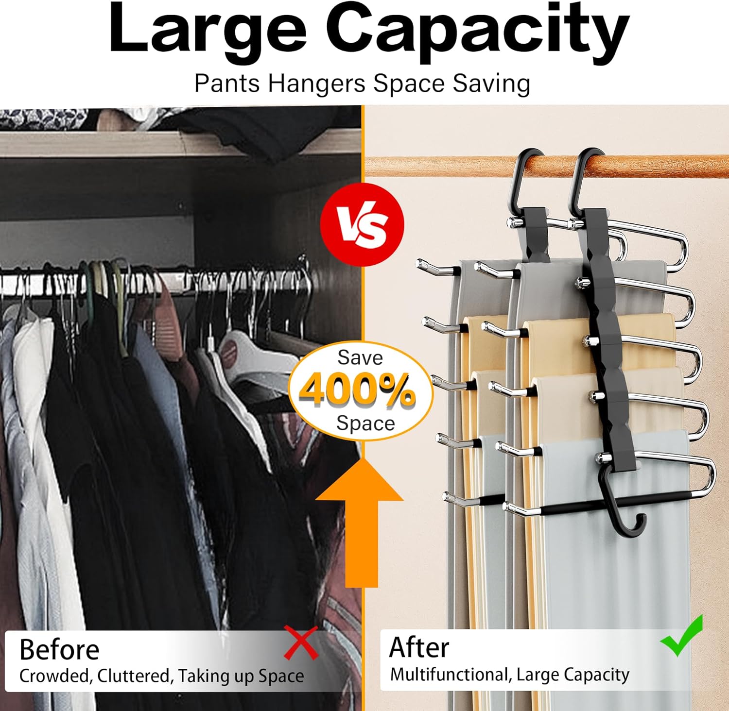 Skiennix Pants Hangers - Space-Saving Closet Organizer, Anti-Slip Stainless Steel, 2 Pack - Black