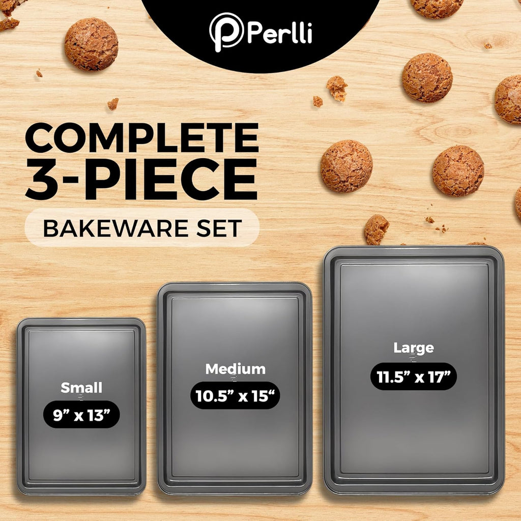 PERLLI Non-Stick Baking Pan Set - 3-Piece Carbon Steel with Even Heat Distribution, Oven Safe to 446°F | Gray