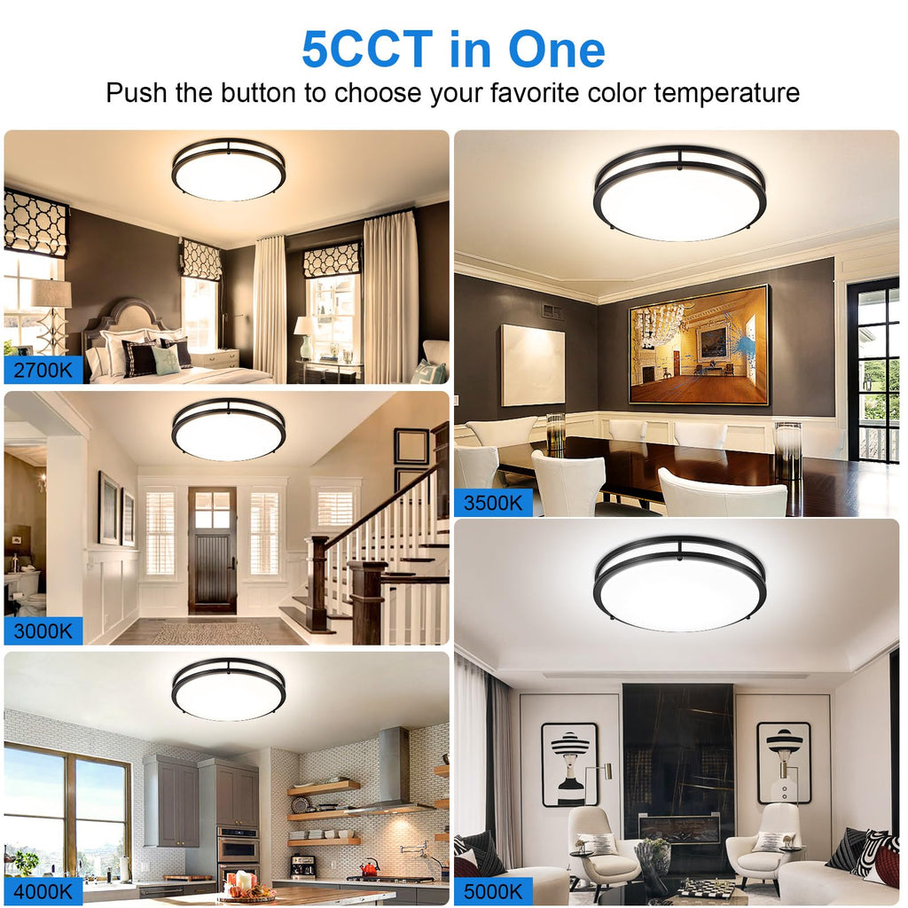 DLLT Flush Mount LED Ceiling Light: 16 Inch 5CCT (3000K-6000K) & Dimmable Ceiling Light Fixtures for Bedroom Hallway - 36W Modern Black Super Bright Kitchen Lighting Fixtures Ceiling