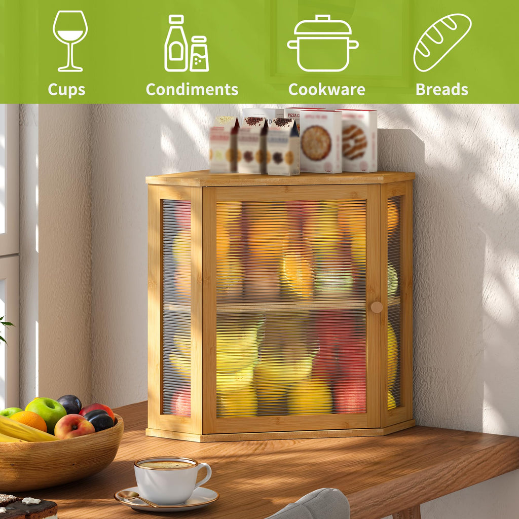 BMOSU Corner Bread Box for Kitchen Countertop Double Layer Bamboo Wooden Bread box Large Capacity Bread Storage Bin(Natural, Extra Large)