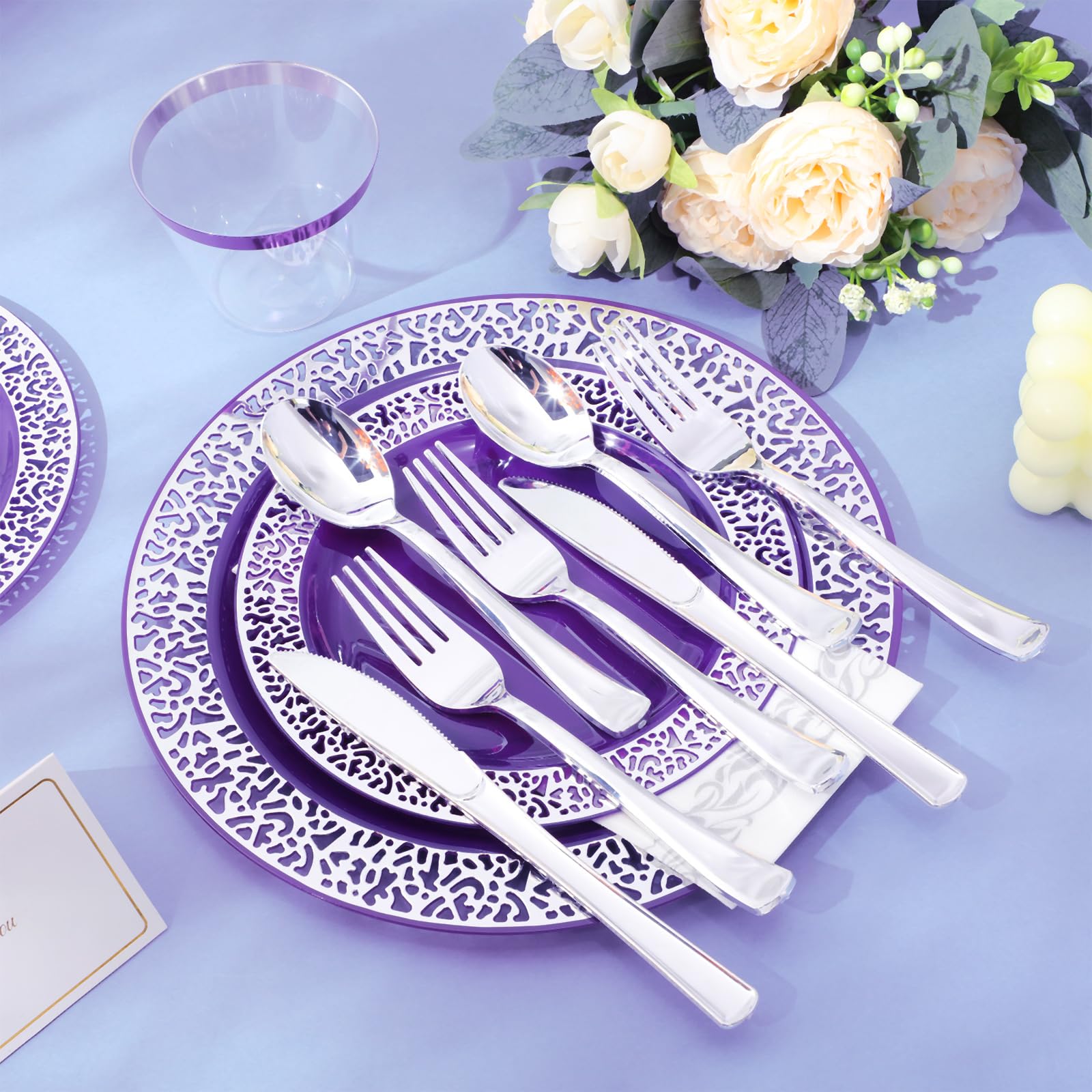 Norme 350 Pcs Purple Silver Plastic Dinnerware Set for 50 Guests Includes 50 Dinner Plates 10.2", 50 Plates 7.5", 150 Silverware Set, 50 Plastic Cups and 50 Napkin Disposable Plate for Wedding