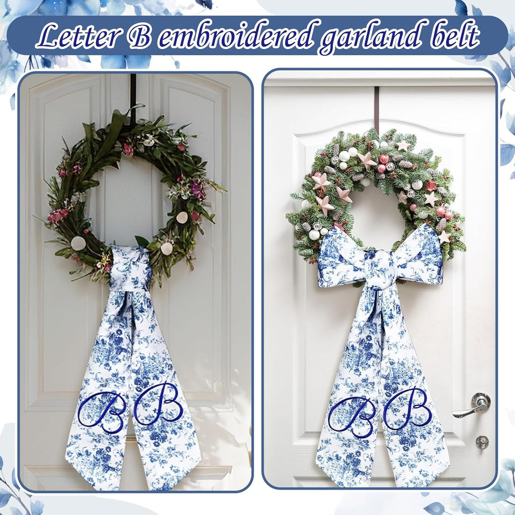 Mindsoft Monogram Wreath Sashes - Embroidered Letter B Chinoiserie Design | 56.2 Inch Blue & White Door Decor