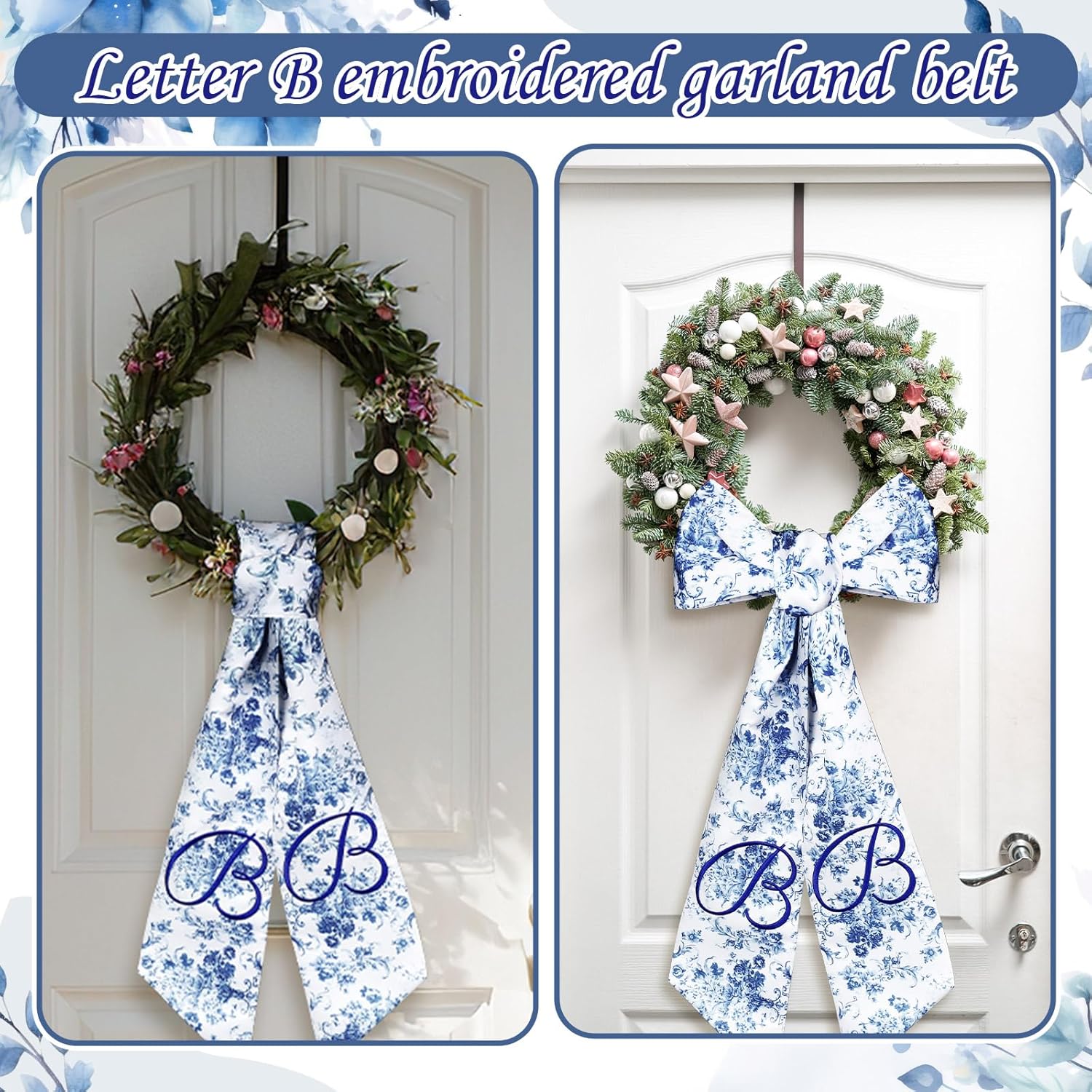 Mindsoft Monogram Wreath Sashes - Embroidered Letter B Chinoiserie Design | 56.2 Inch Blue & White Door Decor