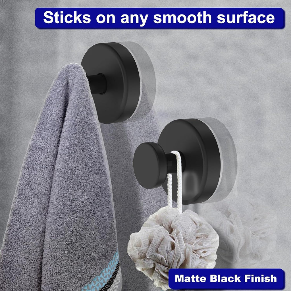 Skiennix Suction Cup Hooks - Removable Towel Hooks for Bathroom & Shower | 4 Pack, Black