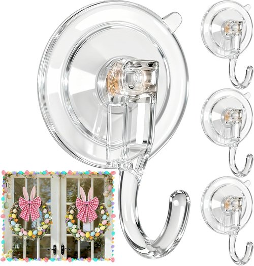 HEYHOUSE Wreath Hangers - Clear Suction Cup Hooks for Front Door & Window | Removable & Reusable, 4 Pack