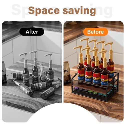 kimilus Coffee Syrup Rack Organizer, 3-Tier 8 Bottle Syrup Rack with 35 K Cup Drawer for Coffee Bar, Countertop Bottle Holder Stand for Dressing for Kitchen Cafe Station