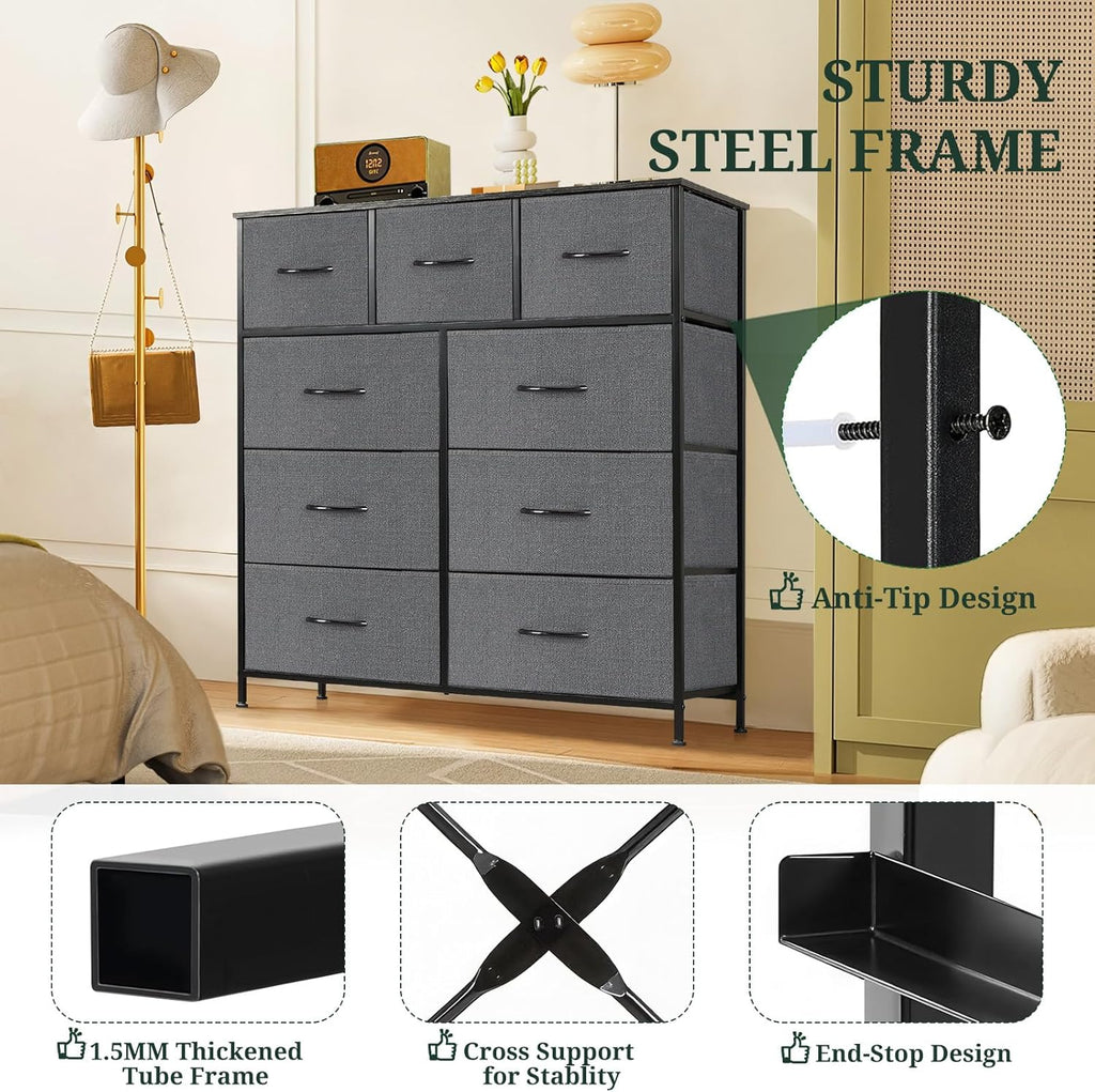Regine Switzerland 9-Drawer Dresser - Anti-Tip Tall Storage Organizer with Wooden Top & Metal Frame | Gray